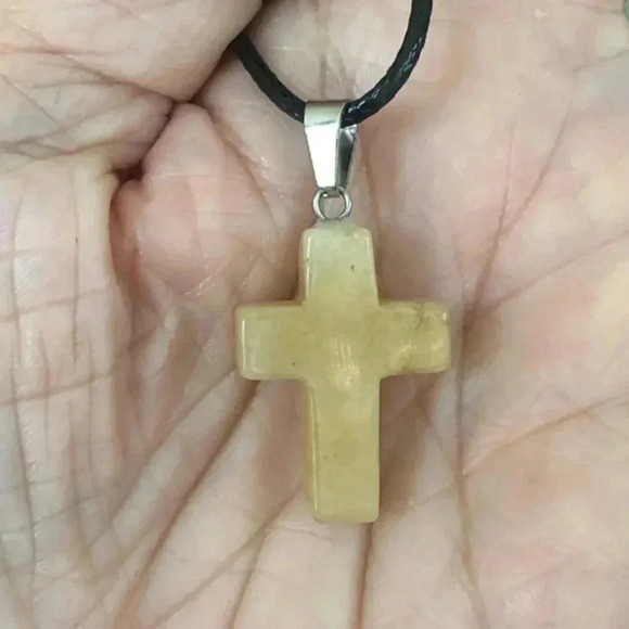 Golden Quartz Cross Natural Braided Stainless Steel Necklace NWT - Picture 2 of 4